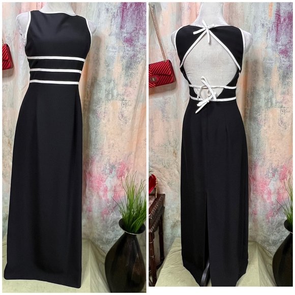 Papell Boutique Evening Dresses & Skirts - VTG📌Papell Boutique  Timeless Sheath Black & White Dress with long Slit
